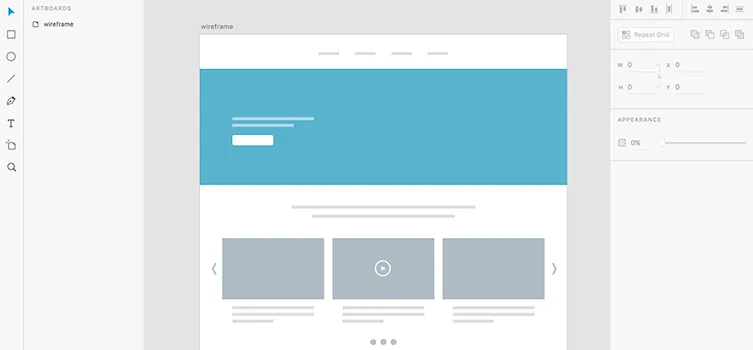 Maquette de site web avec fond bleu, boutons et textes fictifs. Trois encadrés gris en bas. Interface de conception à gauche et à droite.