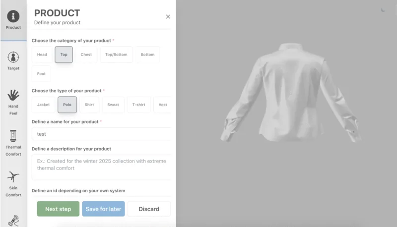 Interface de conception de produit avec chemise blanche en 3D à droite. Options de catégorie, type, et description de produit à gauche.