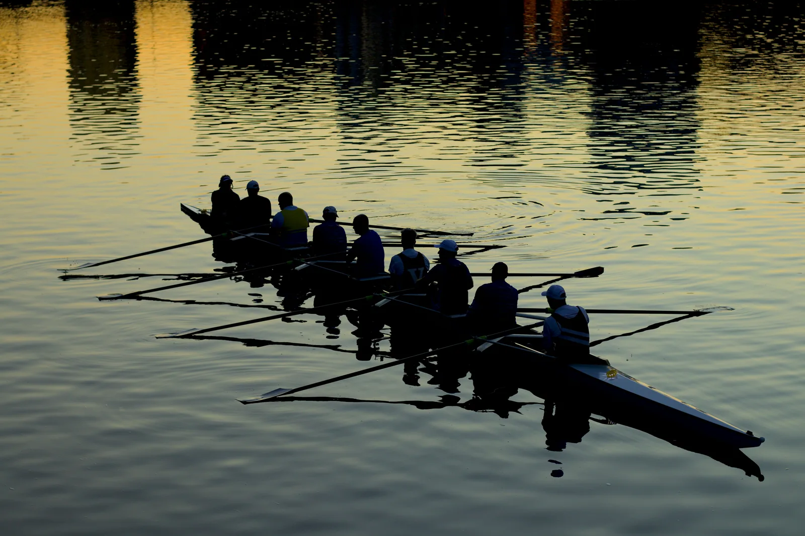 Groupe d'avironneurs rame au coucher du soleil, ombres sur l'eau dorée. Silhouettes en action, créant une ambiance paisible.