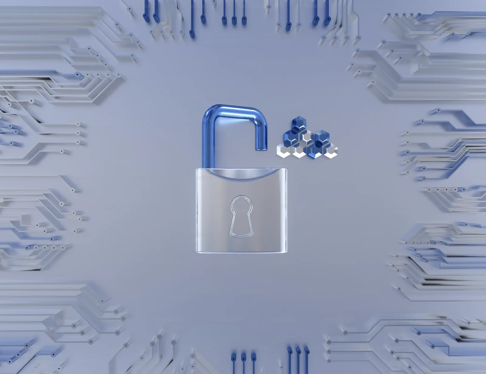 Cadenas ouvert bleu sur fond de circuits imprimés gris, avec motif hexagonal. Atmosphère futuriste et technologique.
