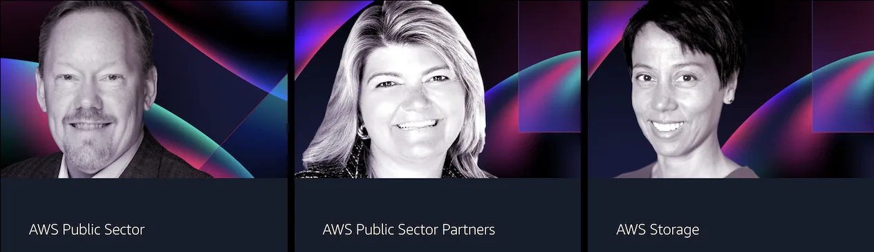 Trois portraits de personnes souriantes sur fond coloré abstrait. Textes: "AWS Public Sector", "AWS Public Sector Partners", "AWS Storage".